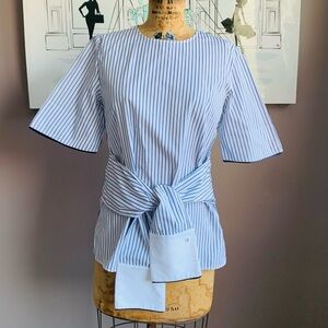 Victoria Beckham Poplin White Blue Stripe Tie waist Short Sleeve Short, Small